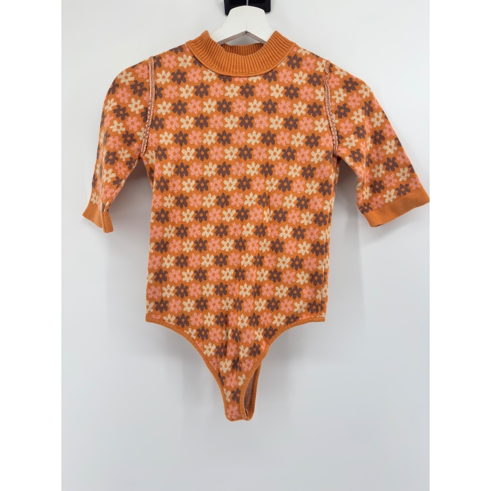 Free People Intimately Floral Sweater Bodysuit Mock Neck Orange XS
